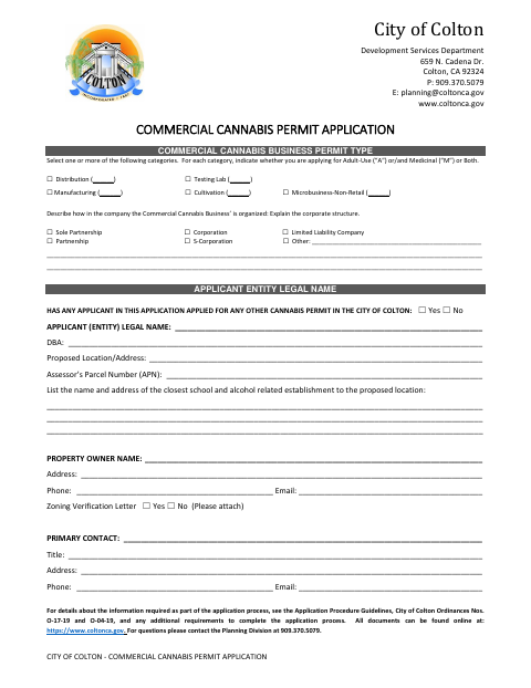 First page of the Commercial Cannabis Permit Application