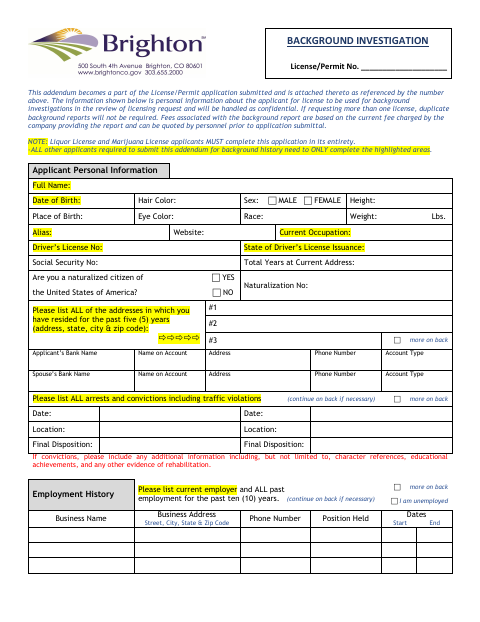 First page of the Background Investigation Addendum
