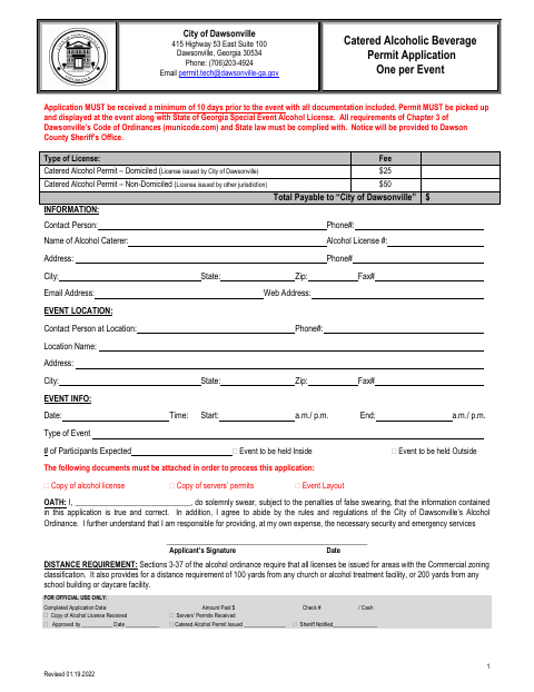 First page of the Catered Alcoholic Beverage Permit Application