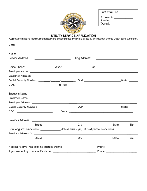 First page of the Utility Service Application