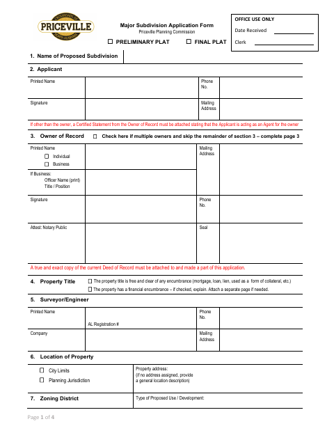 First page of the Major Subdivision Application