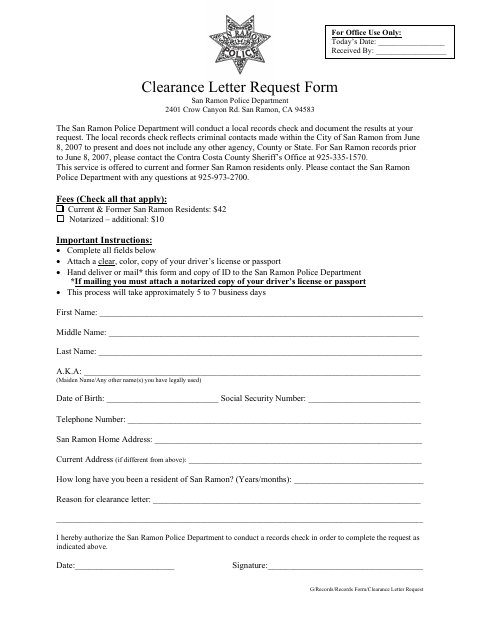 First page of the Clearance Letter Request Form