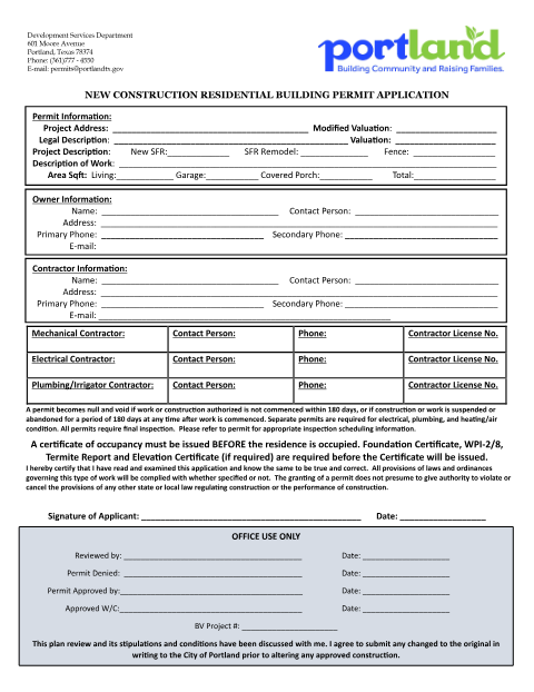 First page of the New Construction Residential Building Permit Application