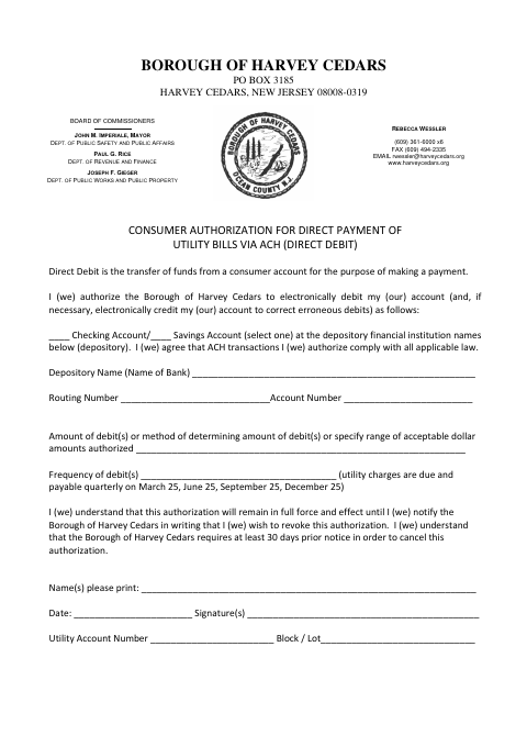 First page of the Consumer Authorization for Direct Payment of Utility Bills via ACH
