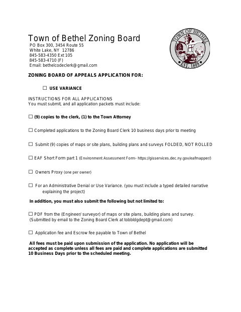 First page of the Zoning Board Use Variance Application