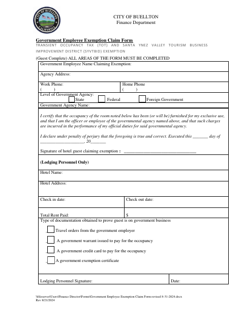 First page of the Government Employee Exemption Claim Form