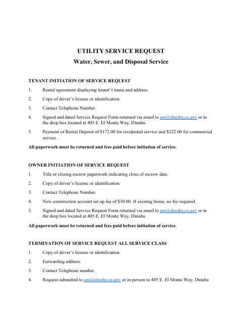 First page of the Utility Service Request