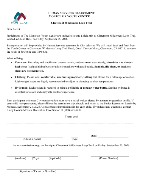 First page of the Claremont Wilderness Loop Trail Permission Slip
