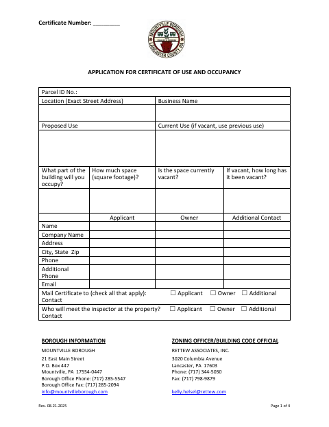First page of the Application for Certificate of Use and Occupancy