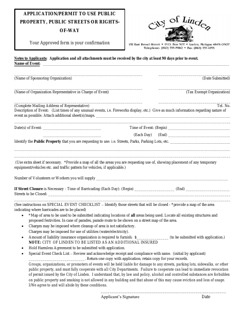 First page of the Application to Use Public Property, Streets, or Rights-of-Way