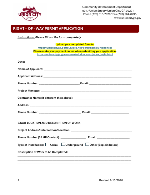 First page of the Right-of-Way Permit Application