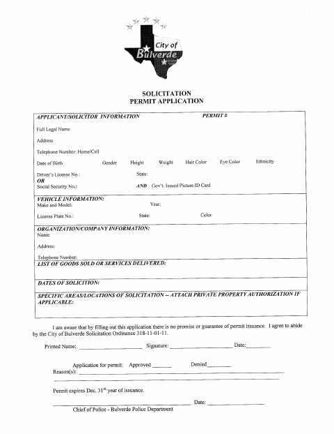 First page of the Solicitation Permit Application