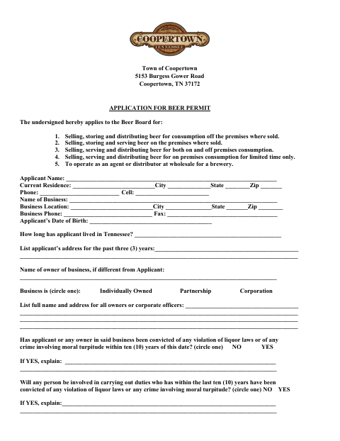 First page of the Application for Beer Permit