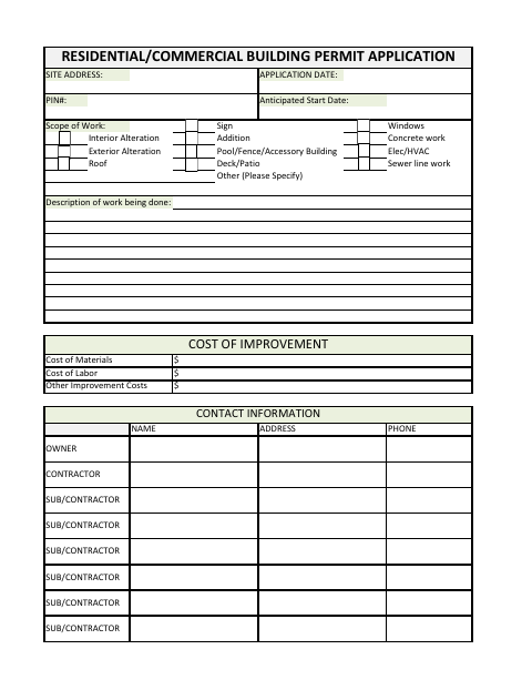 First page of the Residential/Commercial Building Permit Application