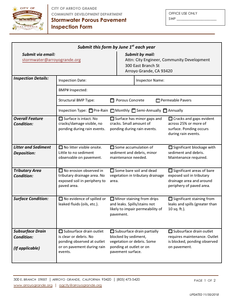 First page of the Stormwater Porous Pavement Inspection Form