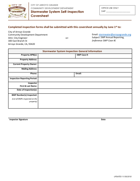 First page of the Stormwater System Self-Inspection Coversheet