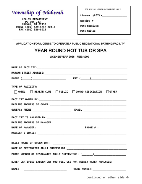 First page of the Application for License to Operate a Year-Round Public Recreational Bathing Facility