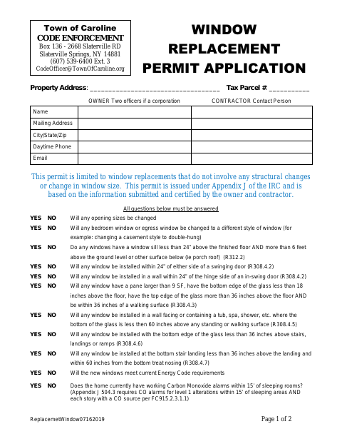 First page of the Window Replacement Permit Application