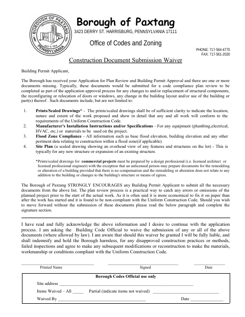 First page of the Construction Document Submission Waiver