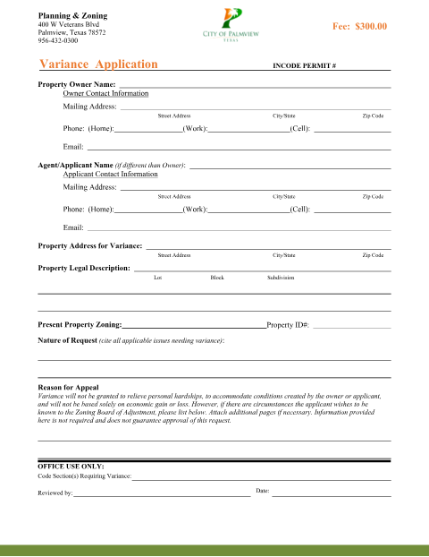 First page of the Zoning Variance Application