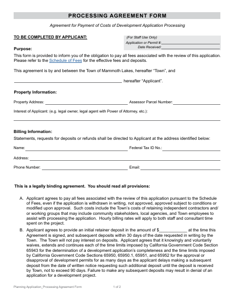 First page of the Planning Application Processing Agreement Form