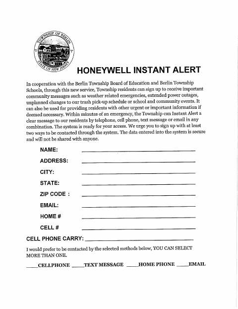 First page of the Honeywell Instant Alert Signup Form