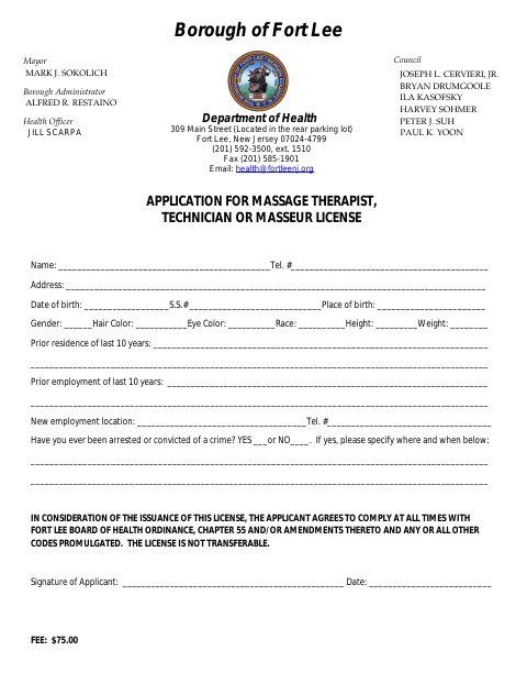 First page of the Application for Massage Therapist, Technician or Masseur License