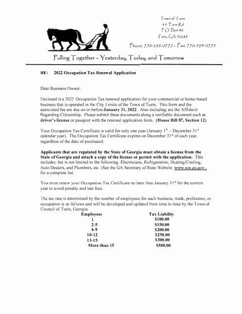 First page of the Occupational Tax Business License Application