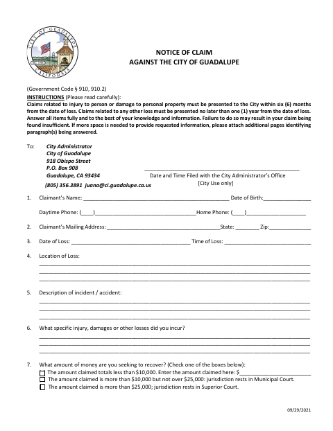 First page of the Claim Against the City