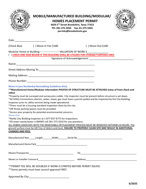 First page of the Mobile, Manufactured Building, Modular, or Home Placement Permit