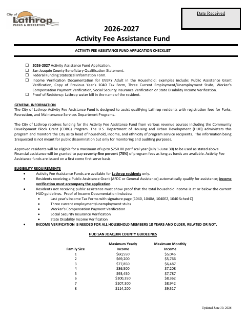 First page of the 2026-2027 Activity Fee Assistance Fund Application