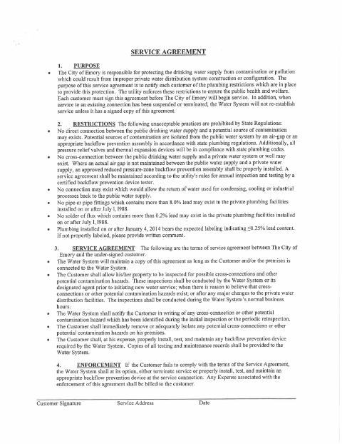 First page of the Utility Service Agreement