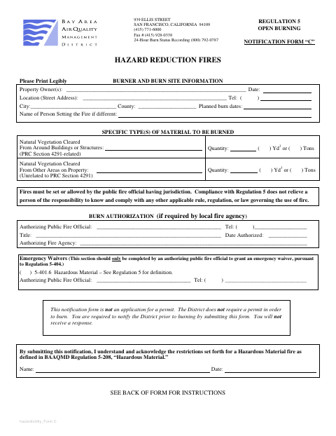 First page of the Regulation 5 Open Burning Notification Form C: Hazard Reduction Fires