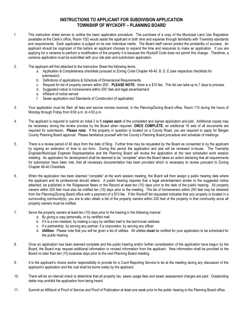 First page of the Subdivision Application and Instructions