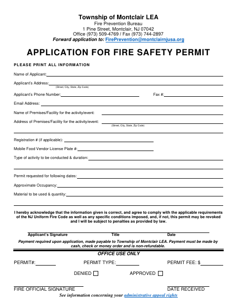 First page of the Application for Fire Safety Permit