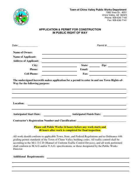 First page of the Application & Permit for Construction in Public Right of Way