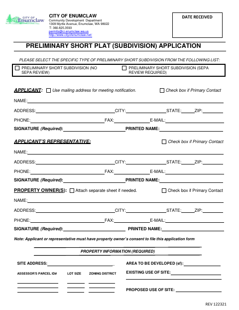 First page of the Preliminary Short Plat (Subdivision) Application