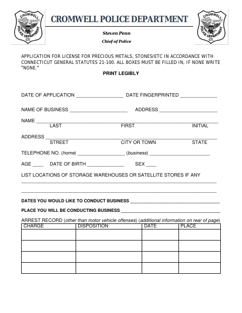 First page of the Precious Metals License Application