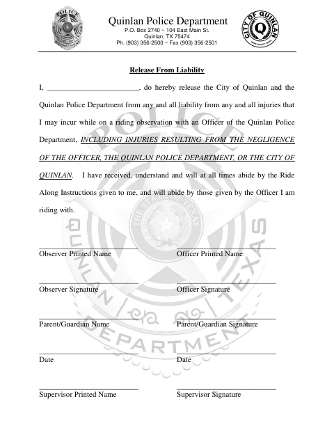 First page of the Release From Liability