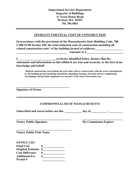 First page of the Affidavit for Final Cost of Construction