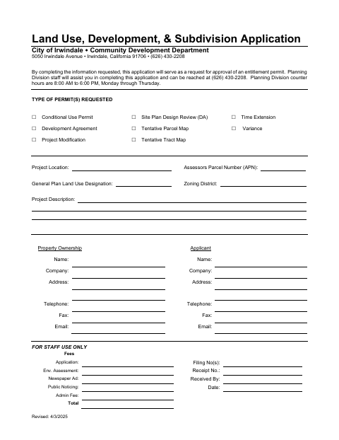 First page of the Land Use, Development, and Subdivision Application