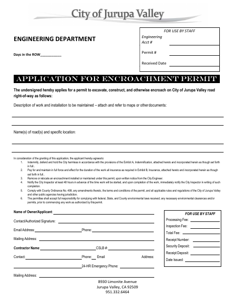 First page of the Application for Encroachment Permit