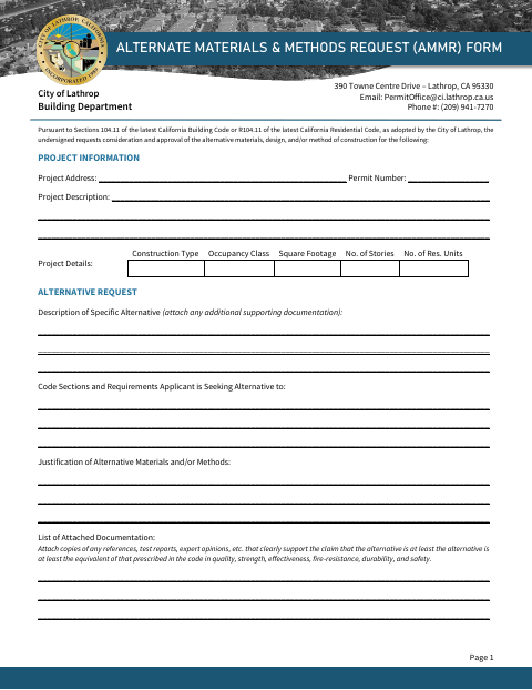 First page of the Alternate Materials & Methods Request Form