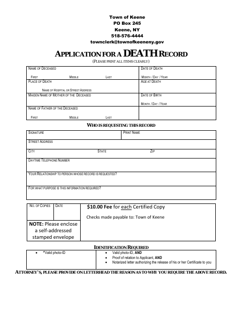 First page of the Application for Death Record