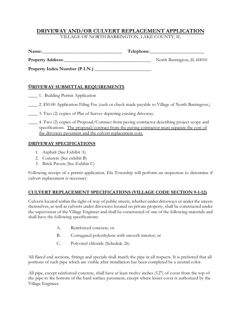 First page of the Driveway and/or Culvert Replacement Application