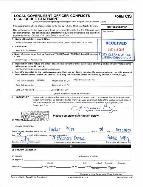 First page of the Local Government Officer Conflicts Disclosure Statement