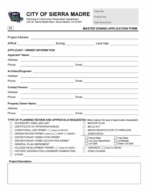 First page of the Master Zoning Application Form