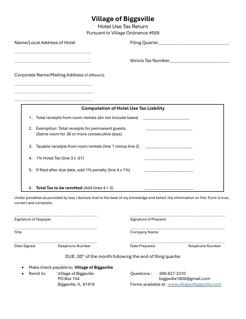 First page of the Hotel Use Tax Return