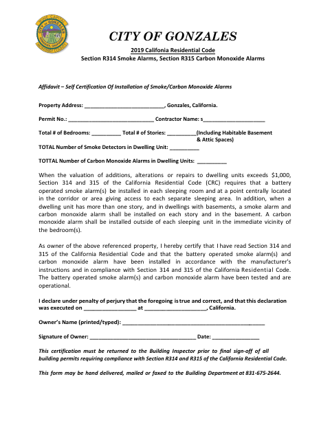 First page of the Affidavit – Self-Certification of Smoke and Carbon Monoxide Alarm Installation