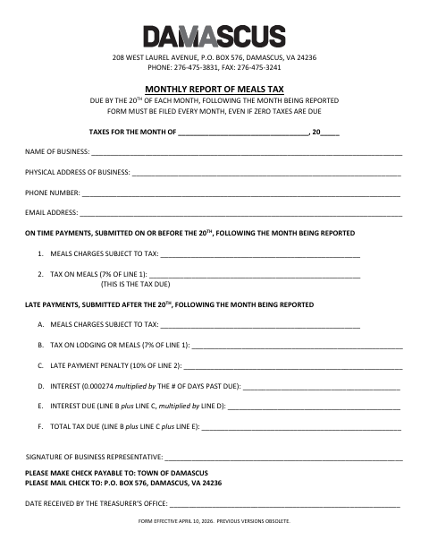 First page of the Monthly Report of Meals Tax